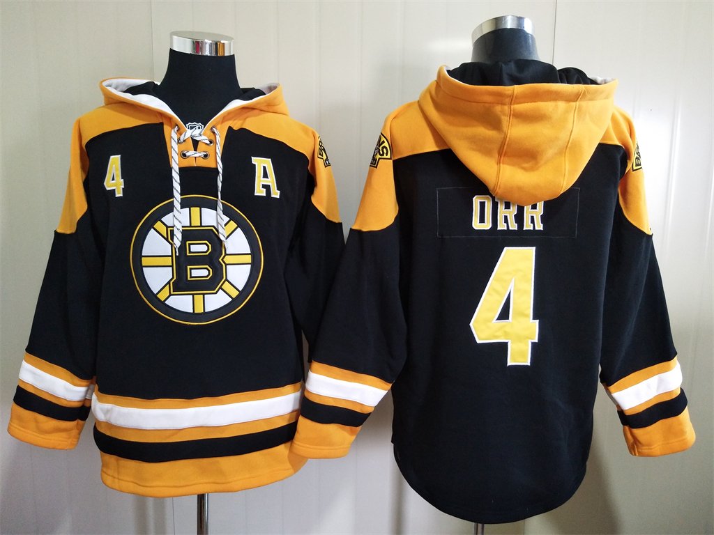 Men's Boston Bruins #4 Bobby Orr Black Gold Lace-Up Pullover Hoodie Jersey