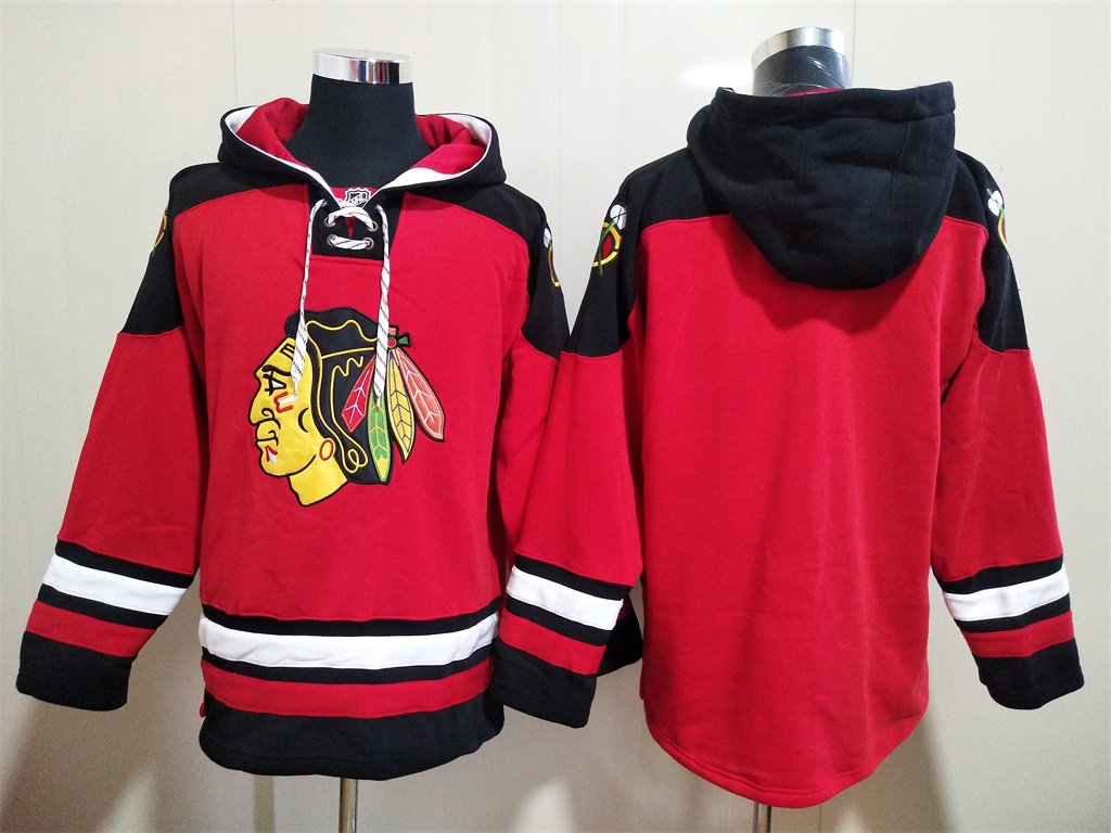 Men's Chicago Blackhawks Blank Custom Any Name/Number Red Lace-Up Pullover Hoodie Jersey